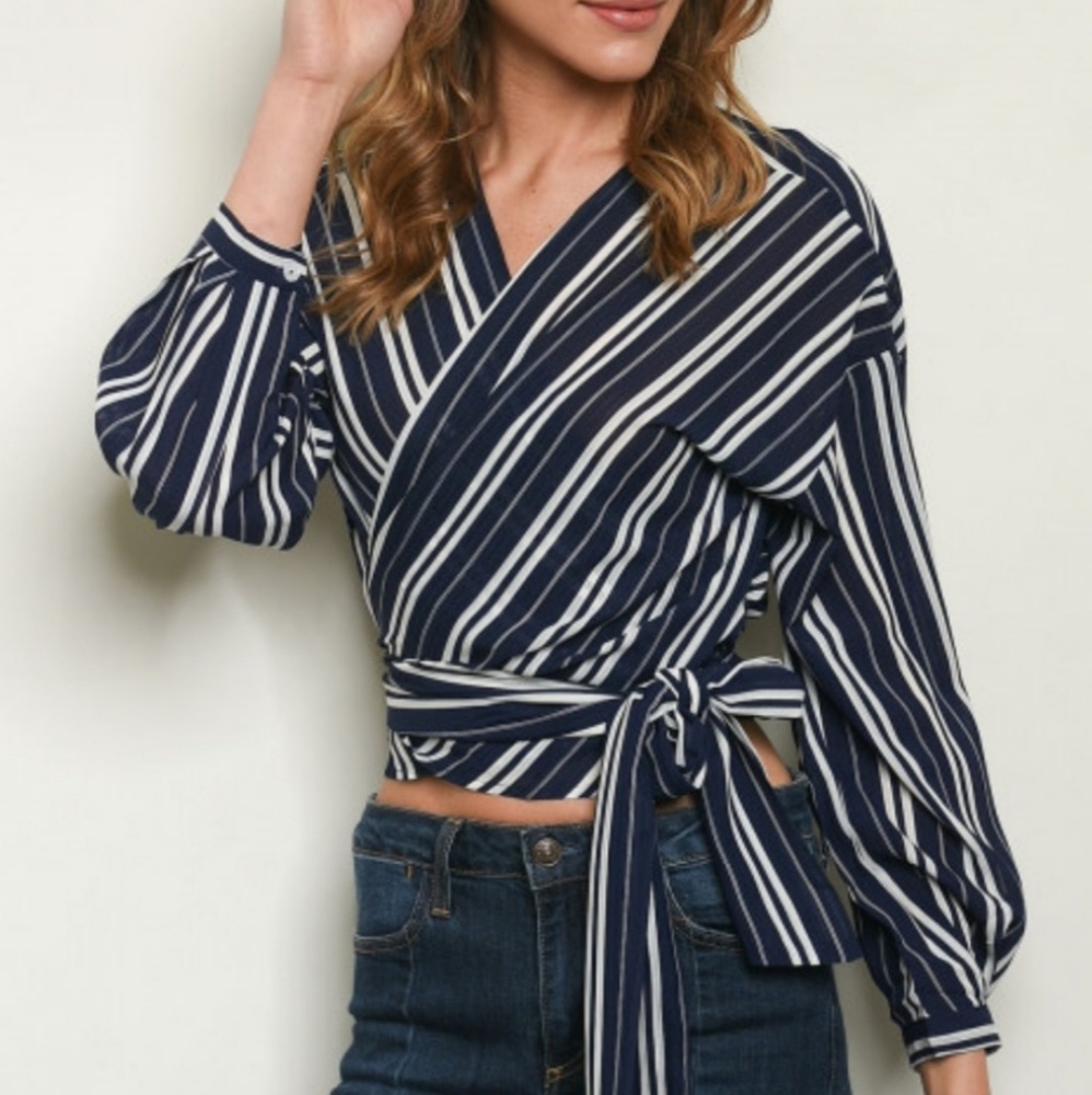 Boutique Navy and White Striped Wraparound Blouse